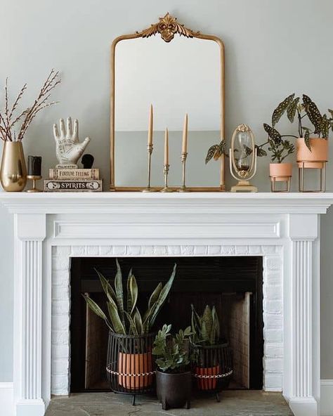 Halloween Fall Mantle Ideas, Boarded Fireplace Ideas, Tiny Home Halloween Decor, Witchy Mantel Decor, Mantle Decor Maximalist, Modern Halloween Mantle Decor, Minimal Fall Mantle Decor, Mantle Decor Halloween, Autumn Mantle Decor