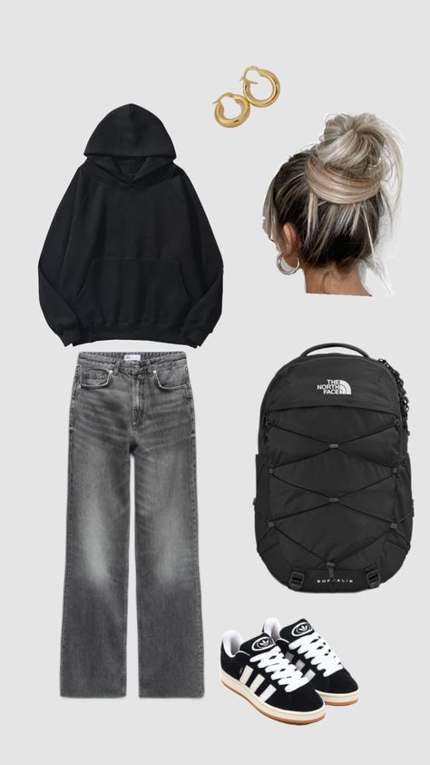 Outfit Inspo With Black Sweatpants, Black Nike Sweatpants Outfits School, Nike Sweatshirts And Sweatpants, Black Nike Sweats Outfit, All Black Sweatpants Outfit, Fits With Black Sweatpants, Black Nike Hoodie Outfit, Cute Outfits With Black Sweatpants, Stussy Hoodie Outfit Women