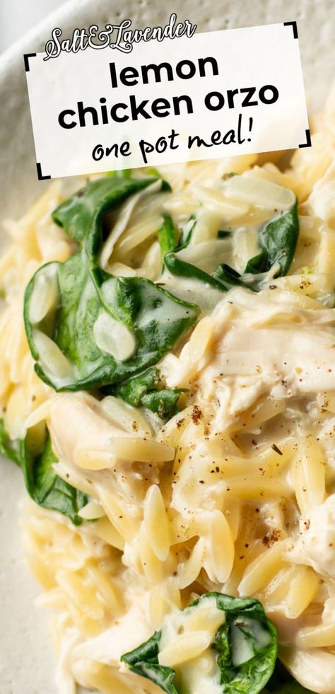 a bowl of pasta with text overlay that reads lemon chicken orzo - one pot meal! Boursin Orzo, Orzo With Chicken, Chicken Orzo Pasta, Chicken Spinach Recipes, Risotto Recipes Chicken, One Pot Orzo, Boursin Recipes, Using Rotisserie Chicken, Orzo Pasta Recipes