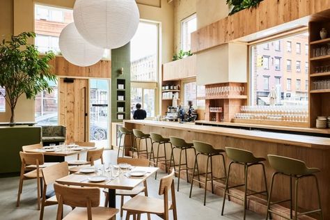 Usonian architecture informs Sereneco restaurant in Greenpoint Usonian Architecture, Marble Bar, Pale Wood, Warm Palette, Restaurant Concept, Restaurant Owner, Marble Counter, Exposed Brick Walls, Green Tile