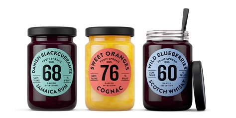 Orkla Foods Danmark came to Kontrapunkt with a new product range – fruit  spreads with alcohol – wanting a design concept to go with it. Several  challenges made this assignment interesting. Liquor Design, Blueberry Varieties, Jam Labels, Beautiful Packaging Design, Jam Packaging, Drinks Logo, Food Branding, Packaging Food, Drinks Design