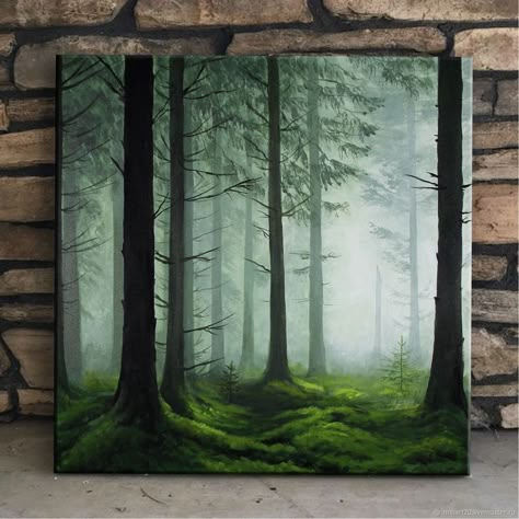 Green Landscape Watercolor, Nature Paintings Acrylic Landscapes Tree Art, Painting Forest Trees, Paintings Of Trees Acrylic, Forest Green Painting, Watercolor Art Forest, Nature Art Painting Acrylic, Nature Painting Ideas On Canvas, Trees Painting Acrylic