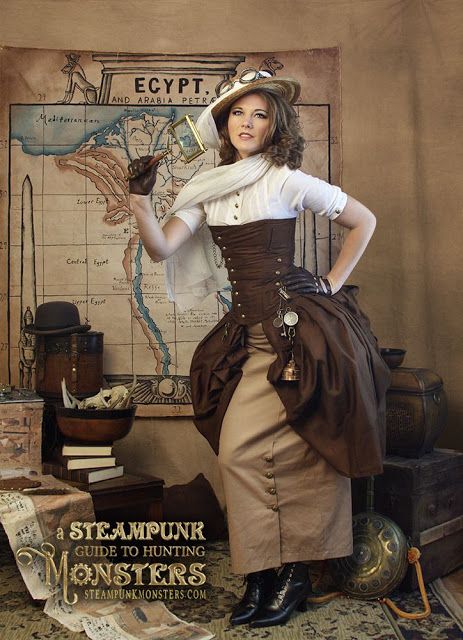 Spirited Steampunk Adventurer (women's steampunk explorer/adventurer/safari costume with khaki/tan skirt, brown corset, hat, scarf, goggles) - For costume tutorials, clothing guide, fashion inspiration photo gallery, calendar of Steampunk events, & more, visit SteampunkFashionGuide.com Adventurer Outfit, Steampunk Fashion Women, Safari Costume, Steampunk Woman, Mode Steampunk, Steampunk Couture, Steampunk Women, Clothing Guide, Style Steampunk