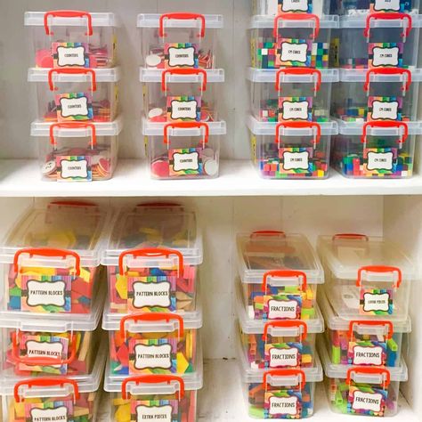 classroom organization - manipulatives Manipulative Organization Storage Ideas, Manipulative Organization, Homeschool Manipulatives, Math Manipulatives Organization, Classroom Manipulative Storage, Organizing Math Manipulatives, Storing Math Manipulatives, Math Manipulative Storage, Classroom Math Manipulatives Storage