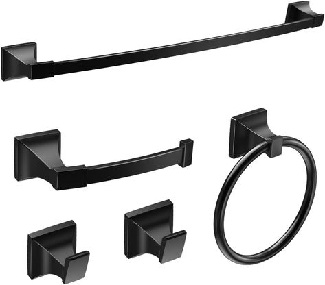 Amazon.com: GIMBELEN Bathroom Hardware Set Matte Black Wall Mounted Bathroom Towel Bar Set Hardware Accessories Set 5 Pieces Includes 18 Inch Towel Bar, Towel Ring, 2 Robe Towel Hooks, Toilet Paper Holder : Tools & Home Improvement Black Bathroom Accessories Set, Matte Black Bathroom Accessories, Black Bathroom Hardware, Black Towel Bar, 4 Piece Bathroom, Black Bathroom Accessories, Matte Black Bathroom, Bathroom Accessories Set, Bathroom Hardware Set