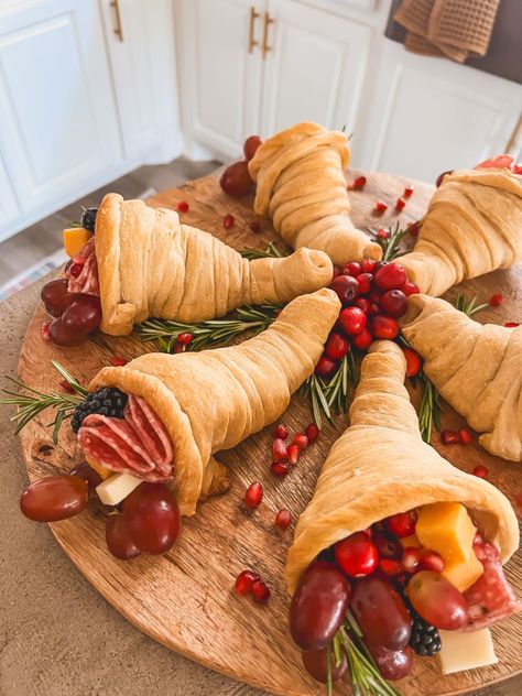 How to Make the Cutest Cornucopia Cups! - Cornucopia Snack Ideas, Mini Cornucopia Charcuterie, Pizza Dough Cornucopia, Friendsgiving Dinner Party Appetizers, Cornucopia Charcuterie Cups, Sugar Cone Cornucopia, Individual Charcuterie Cups For Thanksgiving, Cresent Roll Cornucopia, Thanksgiving Nut Cups