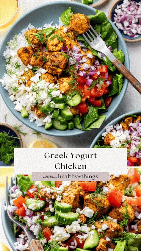 Greek Bowls Chicken, Greek Chicken Burgers, Greek Yogurt Chicken Recipes, Greek Yogurt Marinated Chicken, Protein Salads, All The Healthy Things, Broccoli Pasta Salads, Yogurt Marinated Chicken, Honey Garlic Chicken Thighs