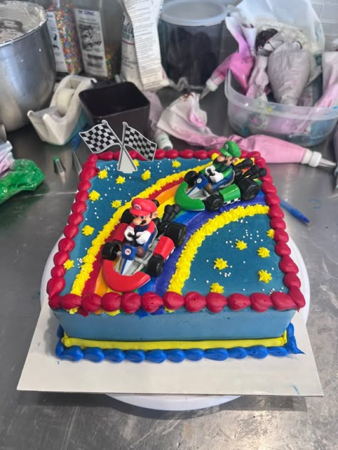 Mario Birthday Birthday Cake, Hot Wheels Sheet Cake Ideas, Mario Birthday Cake Rainbow Road, Rainbow Road Birthday Cake, Super Mario Cookie Cake, Simple Super Mario Birthday Cake, Super Mario Rainbow Road Cake, Mario Sheet Cake Ideas, Mario Party Birthday Cake