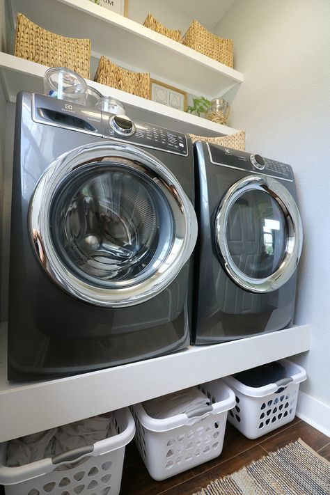 Diy Base For Washer And Dryer, Electrolux Washer And Dryer, Laundry Riser, Washer And Dryer Stand, Washer And Dryer Pedestal, Garage Laundry Rooms, Laundry Room Paint Color, Laundry Nook, Utility Design