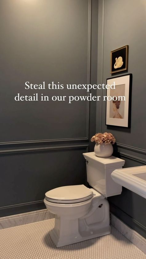 Kelly | Cozy + Collected Home (@thefreshhome) • Instagram photos and videos Main Floor Powder Room Ideas, Half Bathroom Wainscoting, Tile Baseboard Ideas, Dark Moody Half Bathroom, Long Powder Room, Dark Grey Powder Room, Half Bath Tile, Board And Batten Wall Bathroom, Baseboard Bathroom