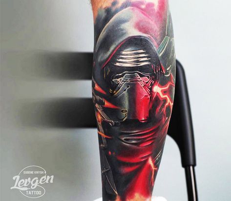 Perfect 3 colors tattoo artworks of Kylo Ren from Star Wars by artist Levgen Tattoo | Post 13198 | World Tattoo Gallery - Best place to Tattoo Arts Kylo Tattoo, Starwars Design, Star Wars Tattoo Sleeve, Nerd Tattoos, Celtic Tattoos For Men, Tattoo Star, Nerd Tattoo, Movie Tattoo, Movie Tattoos