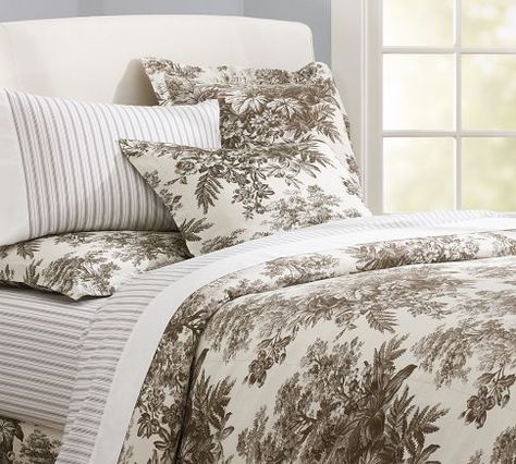 Pottery Barn Matine Toile Duvet Cover Espresso Toile Duvet Cover, Toile Bedroom, Toile Duvet, Brown Toile, Toile Bedding, Pottery Barn Bedding, Dorm Stuff, Bedroom Updates, French Toile