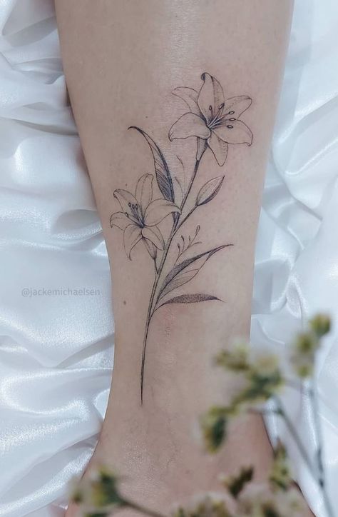 Lilium Flower Tattoo Lily Bicep Tattoo, Lilly’s Tattoo, Eshet Chayil Tattoo, Lilly Tattoo Men, Fine Line Lilly Tattoo, Lily Tattoo Ankle, Star Gazer Lilly Tattoos, Daffodil Spine Tattoo, Lilium Flower Tattoo