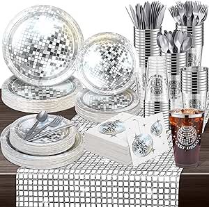 durony 351 Pieces 70s 80s Disco Party Supplies Silver Disco Ball Paper Plates Cups Disco Cocktail Napkins Plastic Cutlery Disco Party Table Runner for Disco Bachelorette Party Decorations(Serves 50) 80s Disco Party, Silver Disco Ball, Disco Bachelorette, Disco Party Decorations, Black Napkins, 80s Disco, Disco Theme, Bachelorette Party Decorations, Birthday Supplies