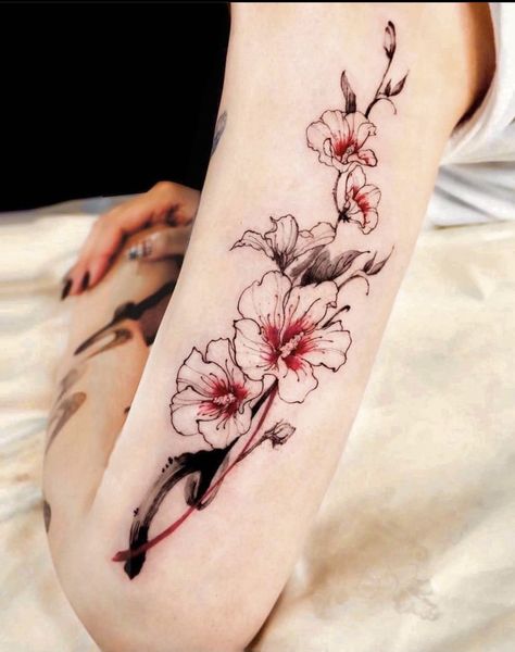 Mugunghwa Flower Tattoo, The Rose Of Sharon Tattoo, Rose Of Sharon Tattoo Design, Tattoo Hoa Mini, Mugunghwa Tattoo, Mugunghwa Flower, Rose Of Sharon Tattoo, Cherry Blossom Tattoo Shoulder, Lilac Tattoo