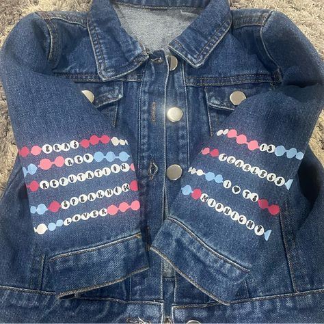 Custom-Made Denim Jacket For The Ultimate Taylor Swift Fan Fits Ages 2 To 3 Years Old No Return Available Friendship, Bracelets On Both Sleeves Printed On Vinyl - Hand Press Patches On Back Eras Your Denim Jacket, Swiftie Jean Jacket, Reputation Jean Jacket, Taylor Swift Embroidery Ideas Clothes, Taylor Swift Jacket Ideas, Eras Denim Jacket, Eras Tour Denim Jacket Diy, Taylor Swift Inspired Embroidery, Eras Tour Jean Jacket Diy