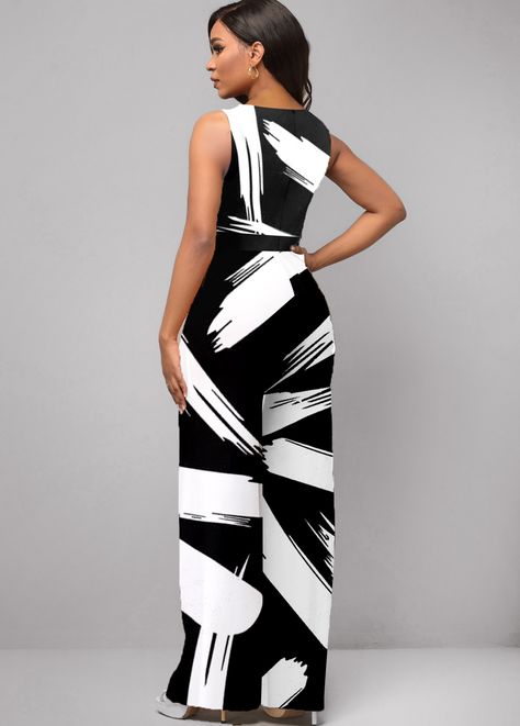 Graffiti Print Belted White Split Neck Jumpsuit | Rosewe.com - USD $24.28 Jumpsuit Elegant Chic Classy, Ready To Wear 2024, Clothes Design Ideas, Plus Size Cocktail, Black White Jumpsuit, 2piece Outfits, Plus Size Cocktail Dresses, Classy Dresses, Split Legs