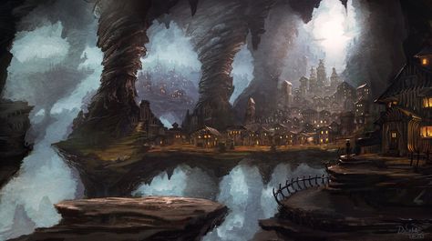 Cave town by *IIDanmrak on deviantART Cave City, Underground Cities, Fantasy Background, Landscape Concept, Fantasy City, Fantasy Images, Fantasy Setting, Biome, Fantasy Places