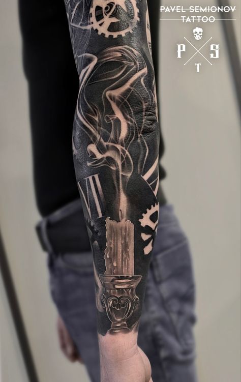 Smoked Out Tattoo Sleeve, Realism Candle Tattoo, Candle Forearm Tattoo, Realistic Candle Tattoo, Candle Throat Tattoo, Flames Sleeve Tattoo, Smokey Candle Tattoo, Black And Grey Candle Tattoo, Black And Grey Fire Tattoo