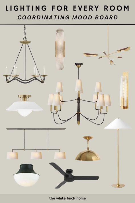 A mood board with black and gold lighting fixtures. Black and gold lighting fixtures for an entire home. Light fixture ideas for a new a new build. Light fixtures. Light fixtures dining room. Light fixtures over the kitchen table. Light fixture makeover. Light fixture kitchen. Light fixtures for low ceilings. Light Combinations, Mixing Metals Light Fixtures, Mixed Metals Light Fixtures, Coordinating Light Fixtures For Whole House, Pendant And Chandelier Combinations, Light Fixture Pairings, Mixed Metal Light Fixtures, Lighting Mood Board, Combination Kitchen Lighting