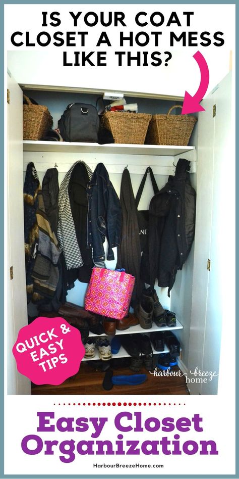 coat closet organization Garage Craft Space, Front Entrance Closet, Design Closet Ideas, Small Entry Closet Ideas, Small Entryway Closet, Entryway Coat Closet, Closet Decor Ideas, Entryway Organization Ideas, Entry Way Closet