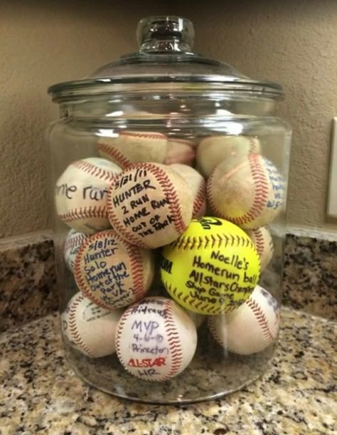 Display baseballs/softballs in a large jar. What a great idea! Baseball Bedroom, Baseball Crafts, Big Jar, Baseball Room, Baseball Decor, Baby Shower Ideas For Boys, Softball Life, Softball Gifts, Baseball Stuff