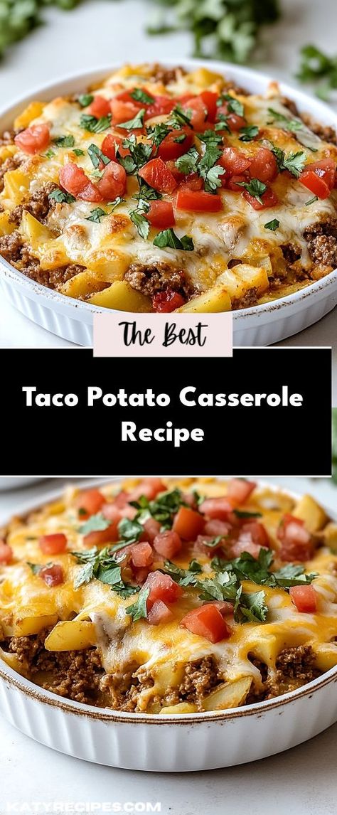 This Taco Potato Casserole combines seasoned ground beef, creamy layers of mashed potatoes, and zesty taco flavors, all baked to perfection. It's a comforting, easy dish that's perfect for family dinners. Ground Beef Potato Tacos, Taco Potatoes Casserole Oven, Taco Hot Dish Casserole Recipes, Taco Baked Potato Recipes, Taco Potatoes Casserole, Taco Bake Recipes, Potato Taco Bowl, Taco Potato Casserole, Ground Beef Taco Casserole