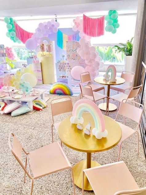 Fun Birthday Party Ideas, Pastel Rainbow Party, Rainbow Centerpiece, Happy Doodle, Rainbow Pinata, 9 Birthday, Happy Doodles, Rainbow First Birthday, Rainbow Party Decorations