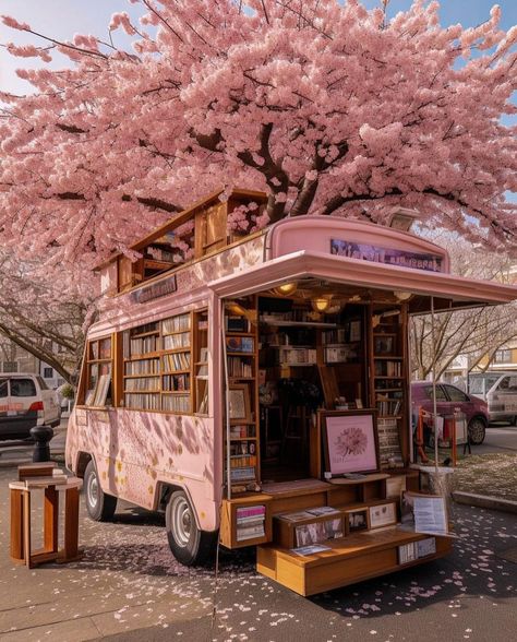 #cute #kawaii #aesthetic #pink #cherry blossom #pink aesthetic #cute core #pink core #lovely #photooftheday #photoshoot #photography #library #books aesthetic #sakura #nature #flowers Tea Truck, Vanlife Diy, Book Truck, Library Cafe, Mobile Library, Bookstore Cafe, Dream Library, Library Aesthetic, Book Cafe