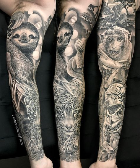 Animal safari tattoo in black and grey with a leopard, owl, monkey and sloth Zoo Tattoo, Sloth Tattoos, Safari Tattoo, African Sleeve Tattoo, Aztec Tattoos Sleeve, Sloth Tattoo, Wildlife Tattoo, Animal Sleeve, Africa Tattoos