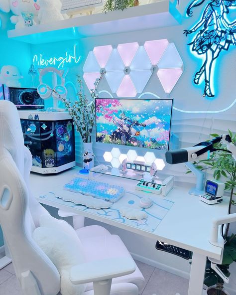 Streaming Room Design, Blue Setup, Artist Desk, Gamer Bedroom, Pc Gaming Setup, Pc Desk, Office Room Decor, Pc Setup, Gamer Room