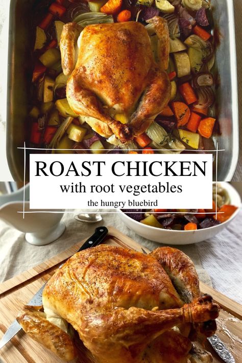 Chicken With Root Vegetables, Pan Roast, Root Vegetables Recipes, Whole Roasted Chicken, Cozy Dinner, Easy Comfort Food, Roasts, Root Vegetables, One Pan