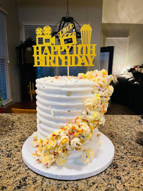 Movie Night Birthday Cake At The Movies Birthday Party, Popcorn Theme Cake, Movie Night Birthday Party Cake, Movie Night Themed Birthday Cake, Movie Theme Birthday Party Cake, Movie Theater Birthday Cake, Movie Party Cake, Movie Theme Birthday Cake, Movie Birthday Party Cake