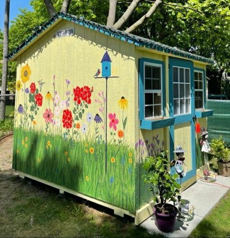 Painted Garden Shed Mural, Paint Shed Ideas, Painted Shed Ideas, Garden Shed Paint Ideas, Painted Shed Mural, Mural On Shed, Shed Murals Outdoor, Shed Painting Ideas, Shed Mural