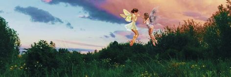 Two fairys with butterflies in a wood Fairy Core Header, Fairy Aesthetic Header, Fairycore Banner, Fairycore Header, Fairy Header, Fairycore Edit, Fairy Banner, Fairy Background, Twitter Cover Photo