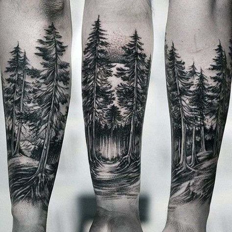 Woods Tattoo, Forest Tattoo Sleeve, Tree Tattoo Forearm, Wood Tattoo, Forest Tattoo, Red Tattoo Ideas, Nature Tattoo Sleeve, Men Masculine, Inner Forearm Tattoo