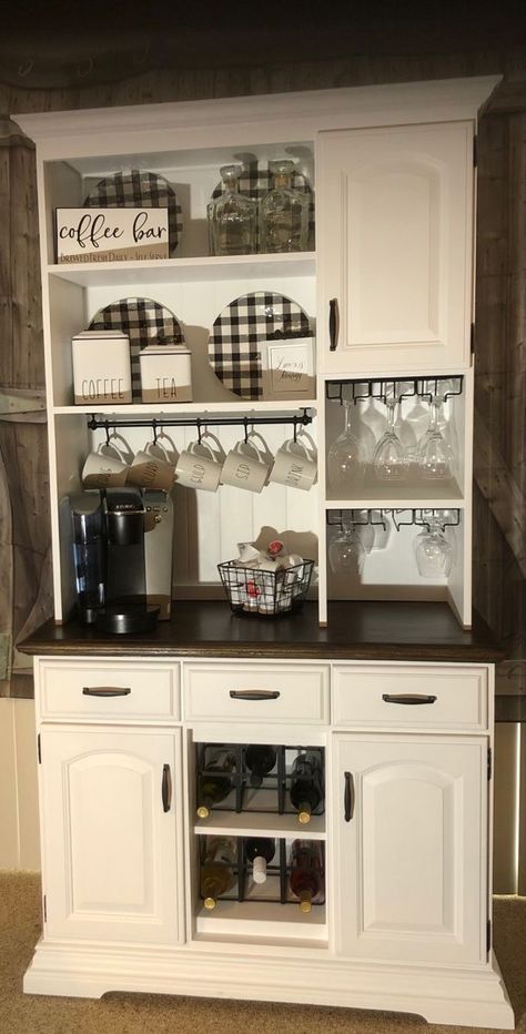 Coffee And Alcohol Bar Hutch, Coffee Bar Wine Bar Combo, Diy Coffee Wine Bar, Wine And Coffee Bar Ideas Small Spaces, Coffee Wine Bar, Coffee Bar From Hutch, Coffee Wine Bar Ideas, Coffee Bar Hutch Ideas, Coffee And Wine Bar Ideas