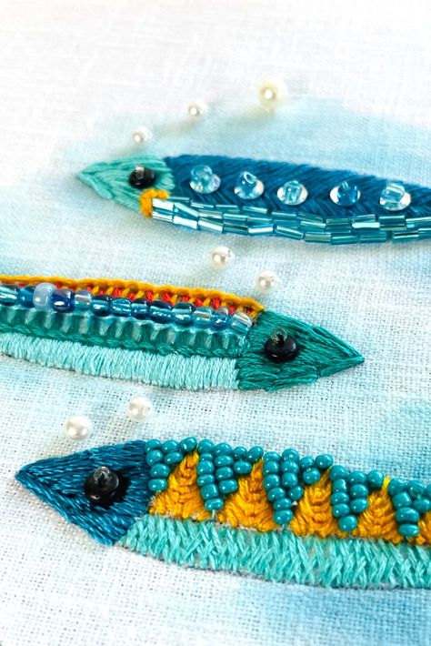 Stitched Sardine Surprise – LyndaCreates Sardine Crochet, Fish Bead Embroidery, Firework Quilt, Sardine Embroidery, Fall Baby Birthday, Embroidery Fish, Stitch Perler Beads, Creative Texture, Beaded Fish