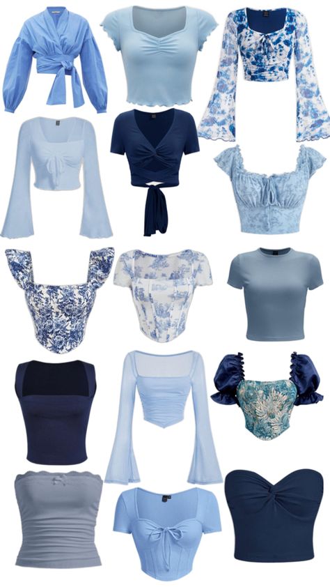 Blue tops for every style and every day . From basic to bougie  #blue #girlhood #bluetops #summertops #blueaesthetic #basictops #fashion #dailywear #outfitideas Tops Collage, Blue Tops For Women, Clothes Basics, Clothes For School, Light Blue Crop Top, Blue Clothes, Lose Control, Blue Crop Tops, Dresses For Girls