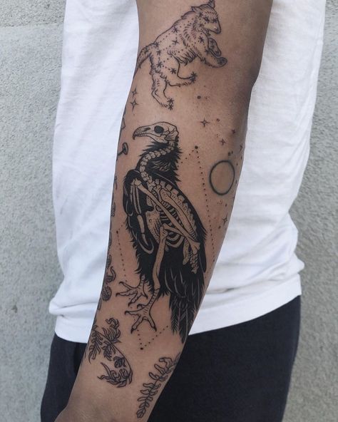 Vulture Skeleton, Traditional Vulture Tattoo, Black Tail Deer, Pony Reinhardt Tattoo, Vulture Tattoo, Pony Reinhardt, Sorry Mom Tattoo, Deer Skull Tattoos, Engraving Tattoo