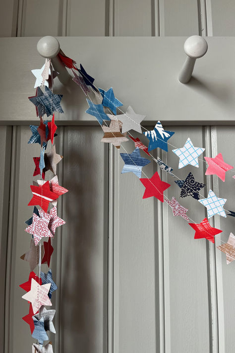 These red, white and blue stars stitched into a garland will brighten your 4th of July celebration. String several to create a full and festive look. July Decoration, Summer 4th Of July, Patriotic Banner, Summer Party Decorations, Star Paper, Blue Banner, Star Garland, Patriotic Stars, 4th Of July Celebration