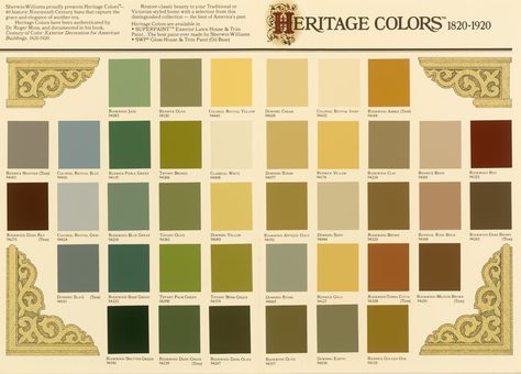 Sherwin Williams "Heritage Colors" 1820-1920. 40 historic 19th C. hues that capture the grace and elegance of another era. Color Palette For Home, Historic Paint Colours, Victorian House Colors, Nouveau Wedding, Victorian Colors, Victorian Farmhouse, Pintura Exterior, Exterior Paint Colors For House, Interior Painting