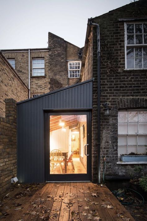 This is a small side return extension to a Victorian terraced house in the heart of Camden Town. With space at a premium, we designed an inside-out lightweight exposed timber frame construction that creates a working wall incorporating services, shelving and recesses between the structure in the... Small Side Return Extension, Small Terraced House Extension, Terraced House Extension, Small Terraced House, Timber Frame Extension, Terrace Extension, Small House Extensions, Side Return Extension, Victorian Terraced House