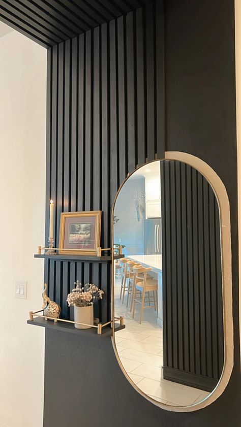 Vogue Decor, Decorative Bathroom Mirrors, Black Feature Wall, Black Accent Walls, Slate Wall, Wood Slat Wall, Deco Studio, Salon Suites, Friday Afternoon