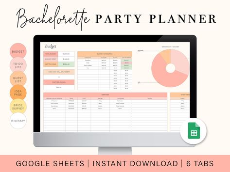 Bachelorette Party Planning Spreadsheet | Bachelorette Trip Planner | Google Sheets Spreadsheet Template Bachelorette Planning Spreadsheet, Bachelorette Party Survey, Budget Spreadsheet Template, Bachelorette Party Planning, Party Template, Monthly Budget Planner, Trip Planner, Budget Spreadsheet, Bachelorette Trip