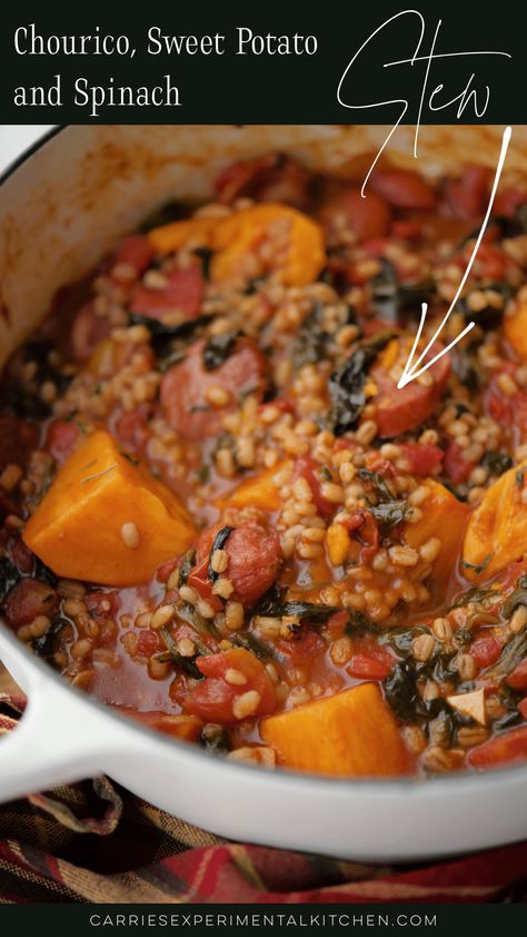 Portuguese chourico, sweet potatoes, and spinach come together with hearty barley to create a comforting and nutritious stew. Sweet Potatoes And Spinach, Sweet Potato Cubes, Potatoes And Spinach, Spinach Stew, Potato Cubes, Sweet Potato Spinach, Fire Roasted Tomatoes, Hearty Stews, Diced Tomatoes