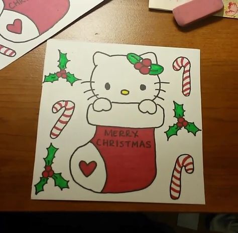 Card Christmas Cards Hello Kitty, Christmas Cards Ideas Drawing, Christmas Cards Handmade Aesthetic, Christmas Card For Bf, Hello Kitty Christmas Card, Merry Christmas Card Ideas, Christmas Card Art Ideas, Christmas Card Aesthetic, Xmas Card Ideas