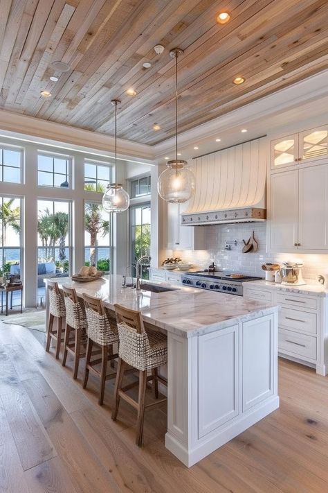 Beach Home Kitchen Ideas, Florida Decorating Ideas Coastal Style, Coastal Modern Farmhouse Kitchen, Kitchen Design Coastal, Neutral Coastal Kitchen, Modern Coastal Decor Kitchen, Modern Coastal Kitchens, Coastal Farmhouse Kitchen Ideas, Rustic Beach Kitchen