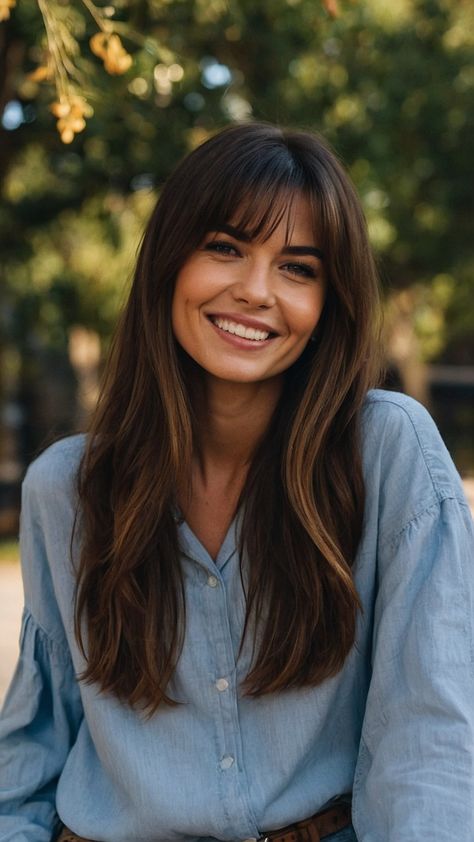 Dark Features Hair Color, Long Brown Hair Fringe, Dark Brown Hair With Fringe Bangs, Hair Lights For Dark Hair, Light Brown Hair With Highlights Caramel Curtain Bangs, Long Dark Brown Hair With Bangs, Straight Dark Brown Hair With Highlights, Balayage Hair With Fringe, Long Brown Hair Bangs