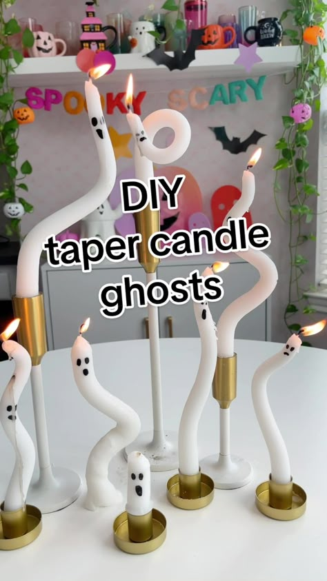 Just look at these DIY ghost candles! If you saw my stories this weeke... | Halloween Decor 2023 | TikTok Diy Ghost Taper Candles, Ghost Taper Candle, Ghost Candlestick Diy, Ghost Candle Sticks, Halloween Taper Candles, Ghost Candles Diy, Fall Candle Crafts, Tiktok Kitchen, Diy Taper Candles